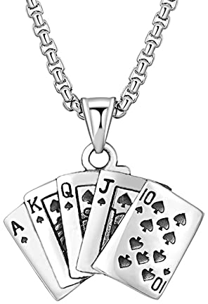 KONFEN Herren Kette Schmuck mit Anhänger - Flush Poker Halskette aus Edelstahl für Männer, Herren Schmuck für Punk-Männer für Hip Hop (Silber)
