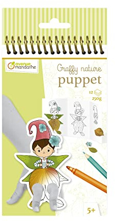 MY MANDARINE GY152C - Malblock Graffy Natur Puppet, 12 dreigeteilten Blätter (12x3 Designs), 250g Zeichenpapier, ab 5 Jahren, Fingerpuppen, 1 Stück