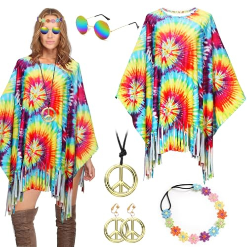 Hippie Kostüm Damen Set,5 Stück 60er 70er Hippie Kostüm damen,Hippie poncho mit Hippie Brille、Ohrringe、Halsketten、Blumen Stirnbänder,Faschingskostüme hippie damen,Karneval, Disco, Hippie Party