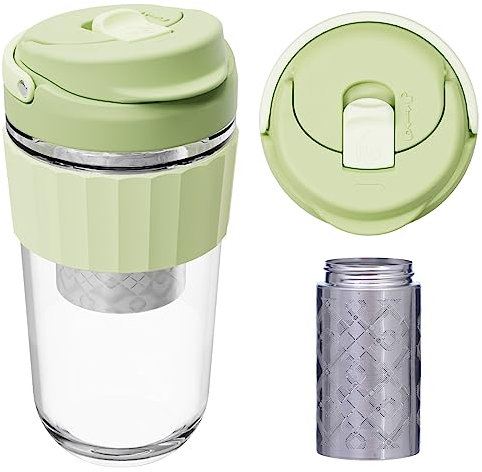 HY3 Leak-proof Glass Coffee Mug with Lid Lock, 17oz Reusable Coffee Cup with Stainless Steel Filter, Travel Tea and Fruit Infuser with Handle, BPA-free, Microwave and Dishwasher Safe(Forest Green)