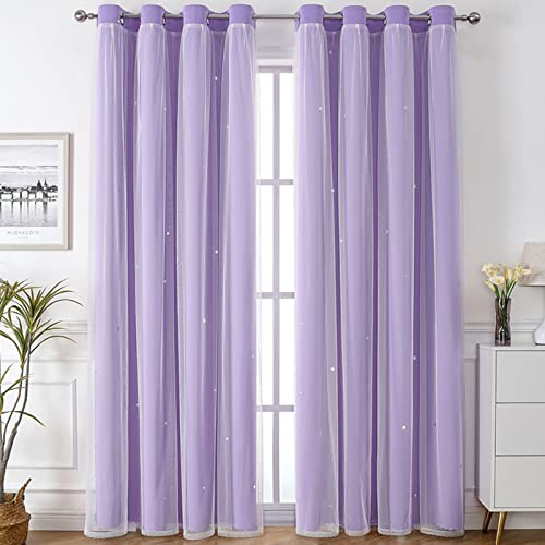 Freyamy Rideau Occultant Étoile Creux Rideaux Thermique Isolant Anti Froid Rideaux à Oeillets Léger Rideaux de Fenêtre avec Voile pour Enfants Filles Chambre Salon 2 Pièces 130x100cm(H×L) Violet