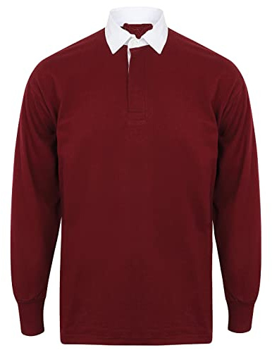 COOZO Herren Lange Ärmel Einfach Rugby Trikot - Tiefer Burgund/Weiss - 2XL