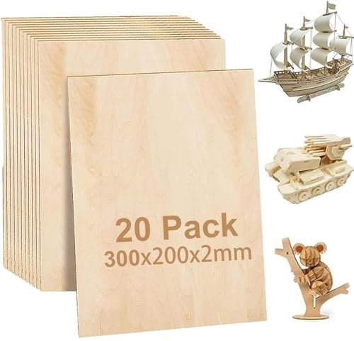 AKOLAFE 20 Piezas Madera Contrachapad Rectangular 300 x 200 x 2mm Madera de Balsa Natural A4 Placa de Madera Fina Placas de Madera de Tilo Tablas de Madera para Manualidades para Maquetas, Pintura