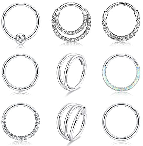 FIOROYAL 9 Stück 16G Nasenpiercing Ring Daith Ohrringe Septum Helix Tragus Conch Chirurgenstahl Hypoallergen CZ Opal Clicker Lippen Hoop Ohr Piercing Ring 8MM/10MM A
