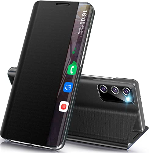 Qissy Handyhülle für Samsung Galaxy S20 FE Hülle Klappbar, Luxus Dünn Spiegel Flip Leder Hard PC Stoßfest Case Cover Galaxy S20 FE 5G Hülle mit Ständer, Clear View für Samsung S20 FE 5G Etui