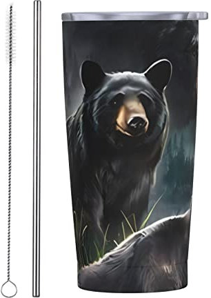 Psvod Black Bear Tumbler mit Deckel und Trinkhalmen, Edelstahl, isolierter Kaffeebecher, Reise-Kaffeetassen, 590 ml, für Frauen und Mädchen