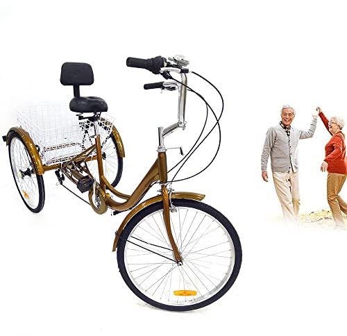 24'' Erwachsene 6 Geschwindigkeit Rikscha Dreirad Fracht Dreirad Cruiser Rahmen 3 Rad Fahrrad mit Einkaufskorb, Pedal, Fahrt, geeignet für Outdoor-Sport, Einkaufen
