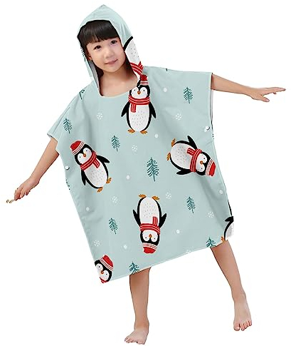 Chickwin Badeponcho mit Tier Kapuze Kind Poncho Handtuch, Kinderhandtuch Strand Schwimmen Bad Kapuzenhandtuch Bademantel Zum Wechseln für Jungen Mädchen (65x75cm,Pinguin)