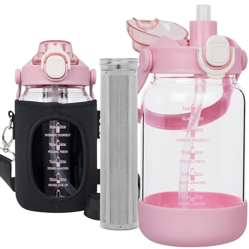 Seekua Botella Agua Cristal 1 litro con Pajita y Marcas de Tiempo, 1l Botella Vidrio con Inoxidable Infusor Apto Para Café, Té