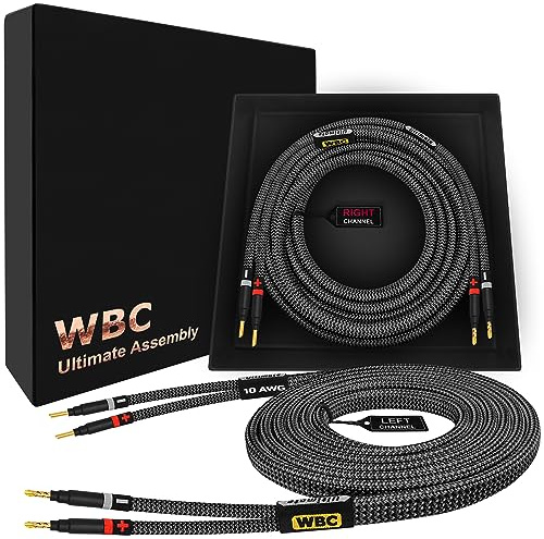WORLDS BEST CABLES 6 Foot Ultimate - 10 AWG - Ultra-Pure OFC - Premium Audiophile HiFi Speaker Cable Pair with Eminence Gold Banana Plugs & Carbon Tweed Jacket