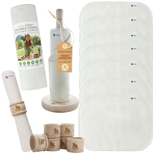 Rollo de Cocina Reutilizable de Algodón Orgánico; Pack de 10 Paños Cocina Reutilizables; Papel Cocina Reutilizable MADE IN EU; Rollo Cocina de Tela con Soporte de madera; Papel de Cocina Lavable