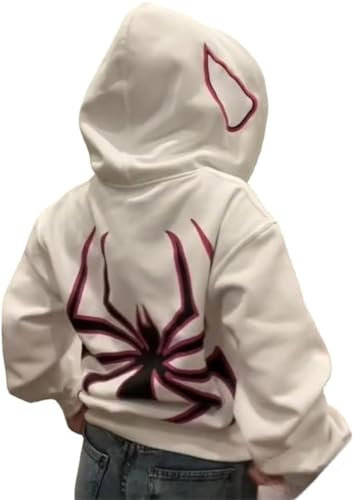 Silver Basic Felpa con Cappuccio Oversize Spider da Uomo Grunge Vintage Y2K Clothes Full Zip Spider Web Printing Vintage Gothic Sweatjacke Unisex S,WhiteBlack-2