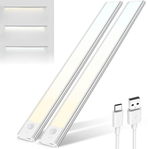 Brendz USB-C Rechargeable LED Strip Lights, 3 Color Temperatures, Motion Sensor Indoor, Dimmable Cabinet Lights for Closets, Bedrooms, Magnetic Cupboard, Wardrobe, 2 x 40cm