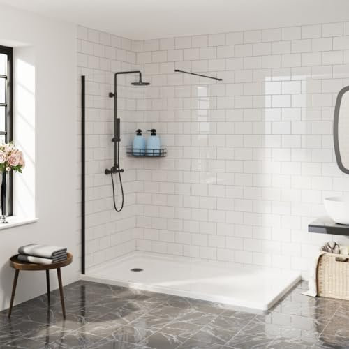 Aquariss 1100mm Walkin Shower Enclosure 8mm Easy Clean Glass Shower Screen Panel with Stainless Steel Support Bar - Matte Black Frame
