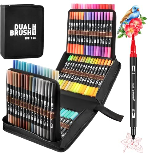 Dual Brush Pen Set, 100 Farben Pinselstifte Set Dicke und Dünne für Kinder und Erwachsene, Aquarell Marker für Bullet Journal Malbücher, Handlettering, Skizzieren, Manga
