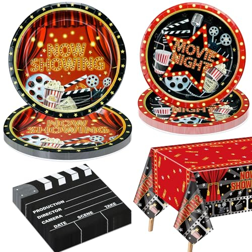 Movie Night Party Dekorationen für 20 Gäste, inklusive Now Showing Pappteller, Movie Night Pappteller, Servietten, Tischdecke für Movie Night Filmnacht Party Red Carpet Geburtstag Party Dekorationen