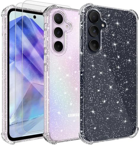 Tikgue 3 en 1 Coque pour Samsung Galaxy A55 5G, avec 2 Pièces Verre Trempé Protection Écran, Clair Housse à Glitter en Mince Silicone Souple Étui Antichoc Case Transparente Cover
