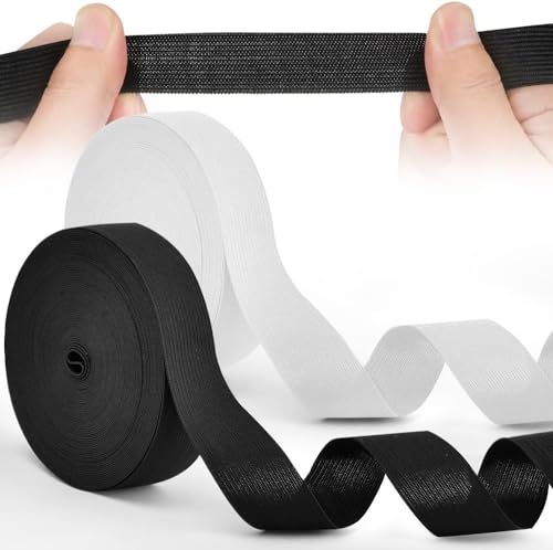 KLYNGTSK 2Rollos Banda Elástica Costura Ancha de 3cm Cintas Elásticas de Costura Longitud de 12m Banda Elástica para Ropa Blanco y Negro Cinta de Goma de Costura Banda Elástica Plana para Manualidad