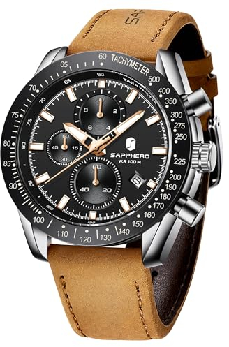 SAPPHERO Herren-Armbanduhr, Lederarmband, Quarzuhrwerk, multifunktional, leuchtend, Kalender, wasserdicht, kratzfest, Luxus-Sportuhr, professionell, 2108-silverblack, Armband