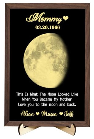 XIAO.Z Personalisiertes Goldfolien-Mondphasen-Rahmenschild zum Muttertag, individueller Mondphasen-Fotorahmen für Mama mit echtem Mond, Mondphasen-Bildkunst für Mama-Rahmengeschenke