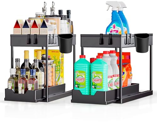 JUPPLIES Organizador Bajo Fregadero 2 Niveles - Organizador Cocina Extraíble Estante Almacenamiento con 2 Cestas Colgantes y 4 Ganchos - Cocina, Baño y Hogar - Negro - 1 Unidad