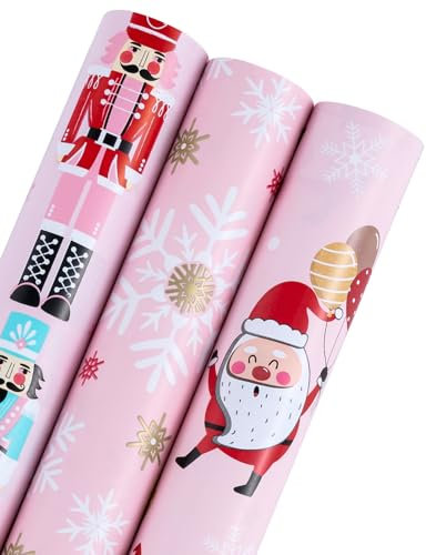 RUSPEPA Weihnachts-Geschenkpapierrolle – Mini-Rolle – 3 Rollen – 43,2 cm x 3 m pro Rolle – Weihnachtskollektion mit rosa Nussknacker, Schneeflocke, Weihnachtsmann und Elch