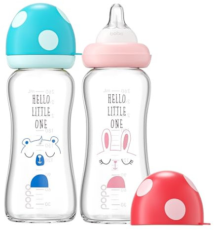 YOHKOH Weithals-Babyflasche aus Glas, Anti-Colic Glas-Babyflaschensets mit Ultra Soft Silikon-Sauger, für Neugeborene Babys ab 1 Monat (Mehrfarbig1, 260ml (2er Pack))