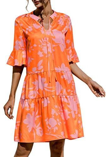 Sommerkleid Damen Knielang | Sommer Kleider Kleid Boho Strandkleider Teenager Mädchen Kurz V-Ausschnitt Glockenärmeln Kuchen-Patchworkkleid (0505C8 Orange,L)