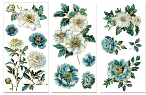 PLIGREAT 3 Blätter reiben auf Transfers für Kunsthandwerk und Möbel, Vintage Blumen Transferpapier Gold Rand verziert reiben auf Transfer Aufkleber für DIY Holz Möbel Dekoration