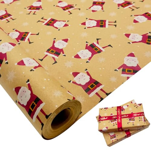 Geschenkpapierrolle für Weihnachten: Großes Kraftpapier im Format 76 cm x 12 m bedruckt mit buntem Weihnachtsmann zum Verpacken von Geschenken