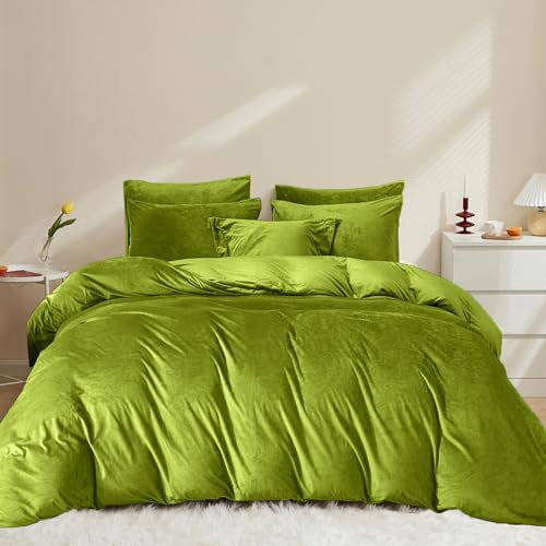 Covebett Flanell Bettwäsche 135x200 4teilig Grün Uni Winter Warm Shaggy Coral Fleece Cashmere Touch Winterbettwäsche Flauschig Samt Biber 2 Bettbezug mit Reißverschluss und 2 Kissenbezug 80x80cm