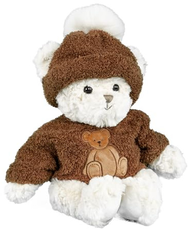 Bukowski Teddybär River 35 cm weiß/braun mit Pullover und Mütze Plüschteddybär