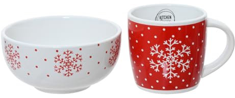 Kaemingk Ensemble Petit déjeuner en céramique Motif Flocon de Neige, Bol et Tasse.
