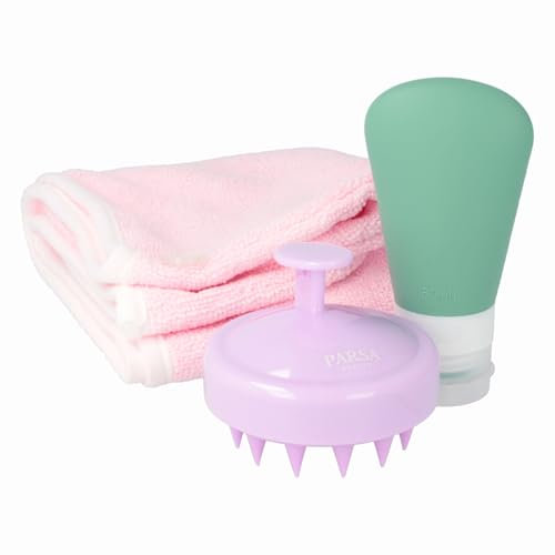 PARSA Beauty Hair Travel Set 3-tlg. – Haarturban, Shampoobürste & Reiseflasche – Haarpflege für unterwegs – Mikrofaser, ergonomisches Design, kompakt, leicht, saugfähig, reisegeeignet