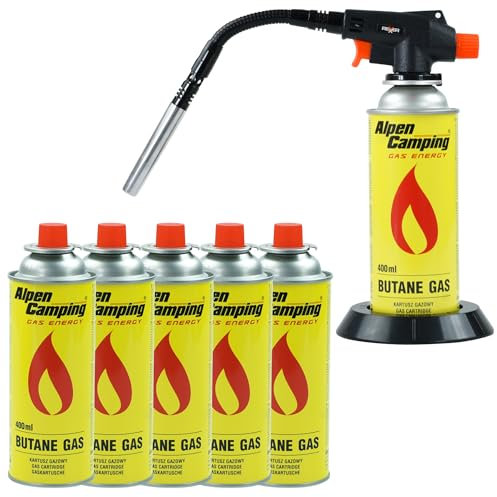 REXXER Gasbrenner mit Piezozündung 1300 W + 6 Isobutankartuschen 227 g - Flexibler Düsenkopf, Flammenregulierung, GAS STOP System, Creme Brulee Brenner, Zum Metallschmelzen Löten