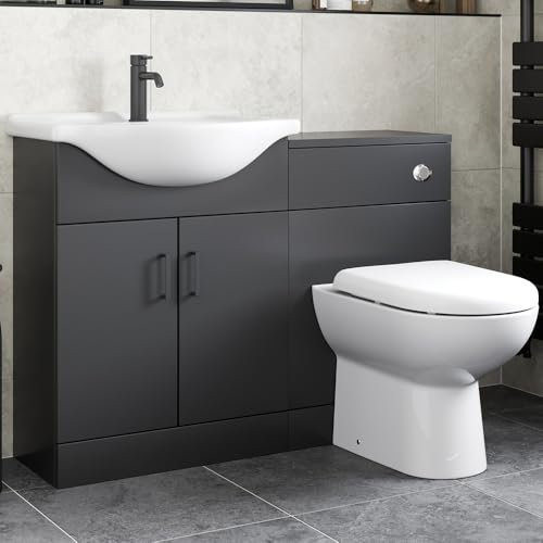 Affine® 1150mm Bathroom Vanity Unit Toilet WC Unit Combination Basin Sink Storage Cabinet Cupboard Freestanding, Soft Close Double Door, Matt Black