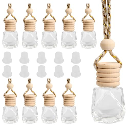 10 Stück Auto Parfümflasche Leer, 8ml Glasflaschen für Aromatherapie und ätherische Öle, Hängendem Rückspiegel-Ornament, Duftflakon für Fahrzeug, Zuhause, Büro und Reisen