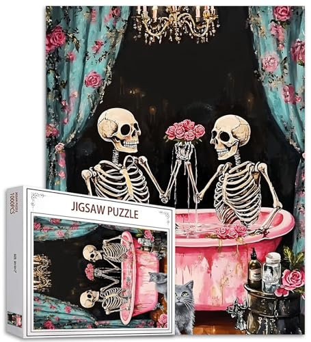 1000 Piece Jigsaw Puzzles for Adults Human Skeleton Painting Jigsaw Puzzle Day of The Death 1000 Pieces Puzzles Game Skull Couple Hold Rose Wall Decor DIY Craft Puzzle Art Valentines Gift