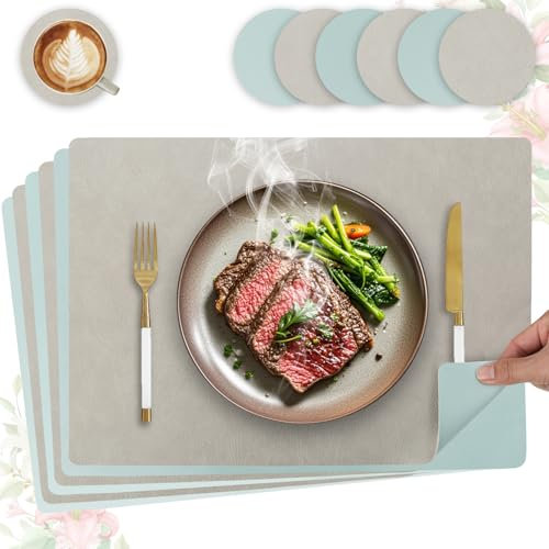 HELI MIAO 6er Set Tischset aus Leder-Imitat,Platzsets abwaschbar und wasserdicht,Platzdeckchen Lederoptik mit Untersetzer,Tischuntersetzer Doppelseitigen rutschfest(Eckig,Hellgrau+Hellblau)