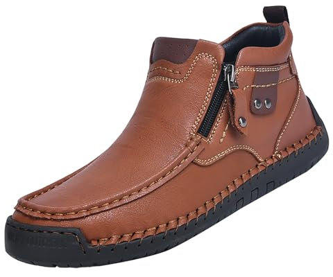 vejtmcc Herren Leder Freizeitschuhe Stiefeletten Handnähte Seitlicher Reißverschluss Sneaker Loafer Oxford Slip On Schuhe, Walking Wanderschuhe Für Herren, Outdoor Sportschuhe Turnschuhe