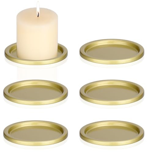 BSTKEY 6 Packs Iron Candle Holder Pillar Candle Plate, Round Pillar Candle Stand Tealight Candle Plate Holder Decorative Cup Coaster Plate for Wedding Candlelight Dinner (Gold) ﻿