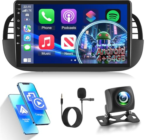 4G+64G Android Car Radio for 2007-2015 Fiat 500 Radio with Wireless Carplay & Android Auto, 9 inch IPS Touch Screen Car Stereo with GPS, WiFi, 32EQ, Bluetooth 5.0, FM/RDS Radio