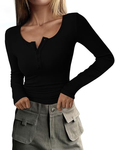 DUOEASE Magliette Donna Manica Lunga Girocollo con Bottoni Maglia Elegante Donna Basic t Shirt a Coste