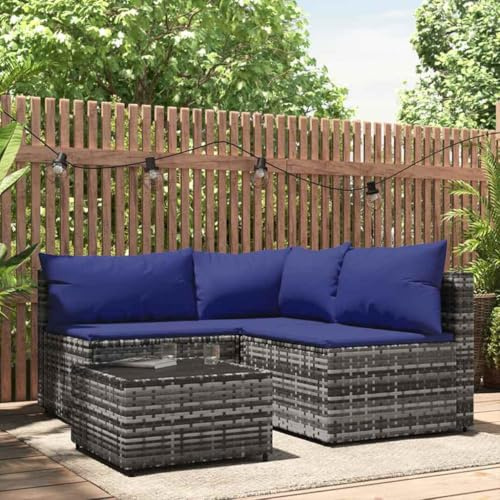 Mimdixy Eck Sofa Sitzgruppe Terrassensofa,4 TLG. Garten Lounge Set mit Kissen Grau Poly Rattan,Couch Für Lounge,Balkon Und Garten,Kann Schnell Zusammengebaut Werden