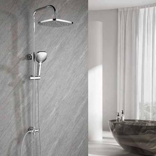 Ronvie Adjustable Shower Riser Rail Kit with 10 Round Rainfall Shower Head & 3-Spray Handheld, Dual-Function Brass Diverter Valve, Height/Angle Adjustable Anti-Leak System for Modern Bathrooms