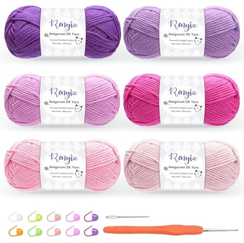 Renyiz Wolle zum Häkeln 6 x 50g Häkelgarn (60% Baumwolle, 40% Acryl) mit 2,5mm Häkelnadel & Zusatzzubehör, Ideal als Babywolle, Strickwolle, Häkelwolle und Baumwollgarn zum Häkeln Rosa