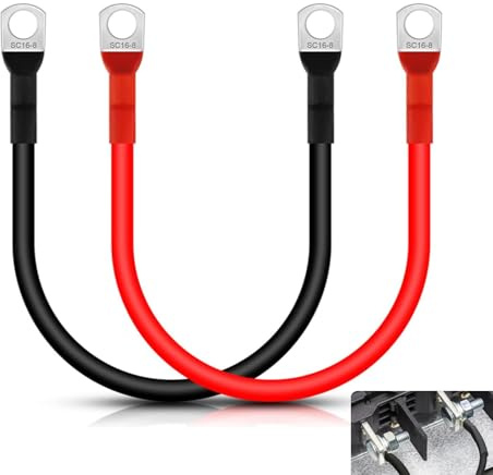 2 Pcs Battery Cable, Battery Leads, 50cm 5AWG/16mm² Pure Copper Heavy Duty Inverter Cables, 12V Inverter Connection Cables with M8 Ring Terminals for Motorcycle Solar Marine RV Grounding, Red & Black