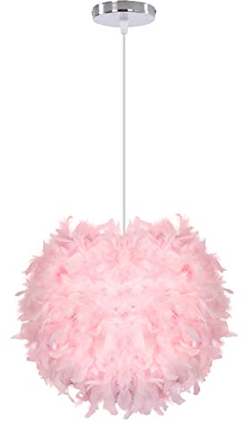 DLGLOLIN Lustre en Plume Rose Suspension Luminaire Décoration Éclairage de Plafond E27 Lampe Suspendue Intérieur pour Chambre Enfant Fille Bebe, 35CM