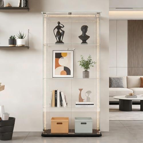 Glasvitrine mit LED-Beleuchtung, 4 Schichten Glas, Wohnzimmervitrine, mit 2 Türen und Schloss, Glasvitrine für Wohnzimmer, Schlafzimmer, Büro (schwarz / 35x78,5x163cm)