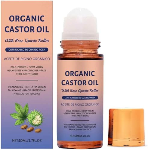 Organic Castor Oil with Rose Quartz Roller,Organic Castor Oil Roll On with Rose Quartz Roller,100% Pure Cold-Pressed, Hexane-Free,Amber Glass Bottle for Skin 1.7oz (1 Pcs)